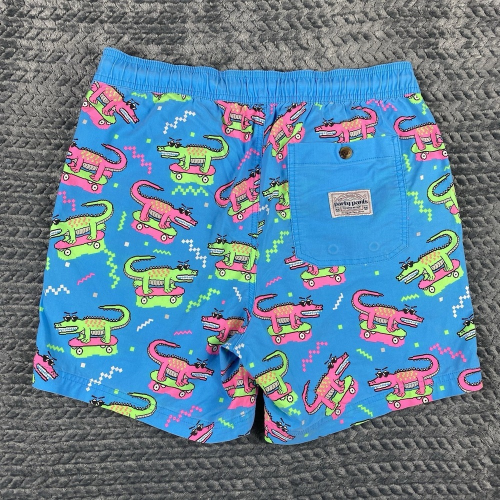 Party Pants Swim Trunks Shorts Blue Mens Small Neon Alligator Skateboard AOP